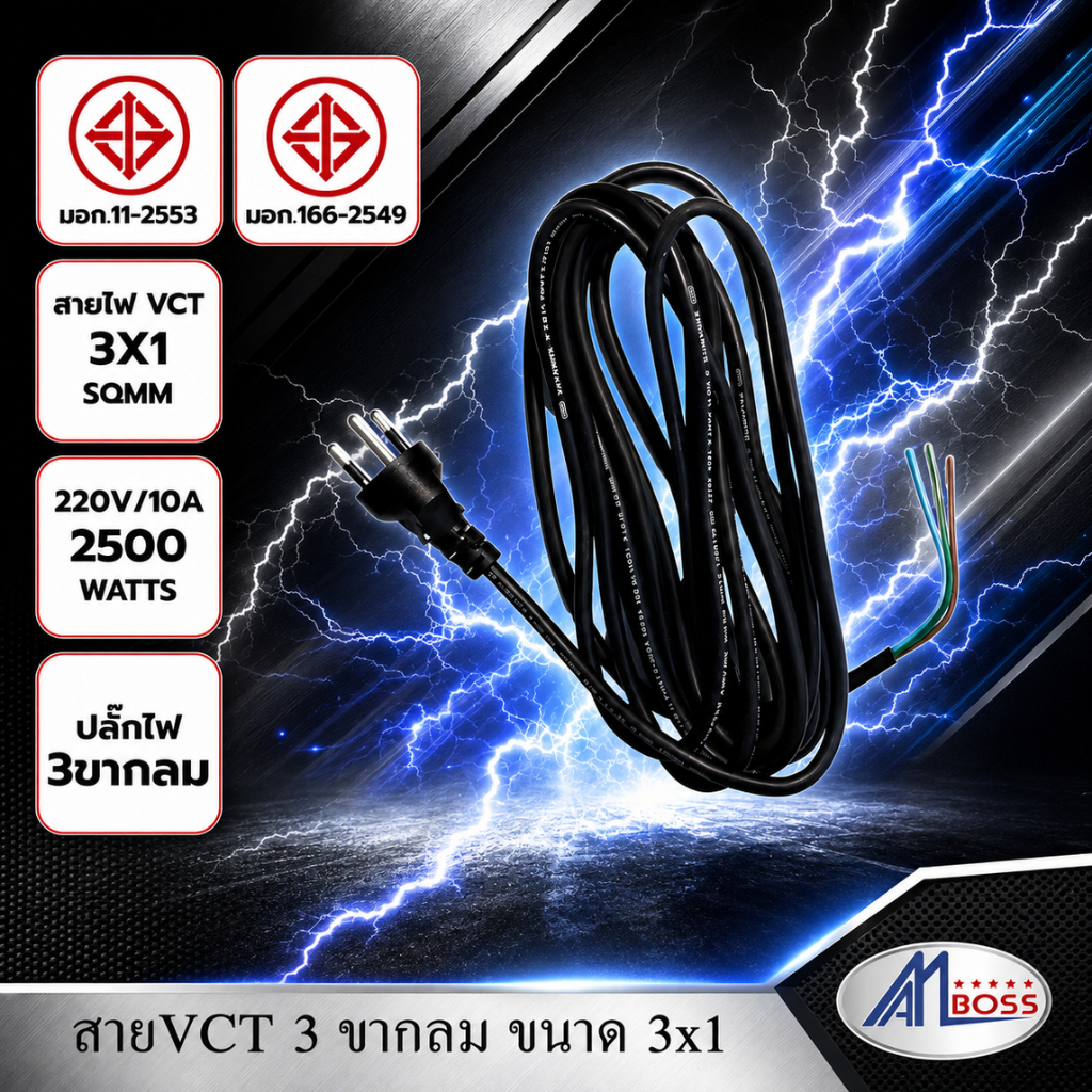AMBOSS สายไฟ VCT พร้อมปลั๊กหัวหล่อ 3x1 สินค้ามาตรฐาน มอก. 166-2549 & 11-2553