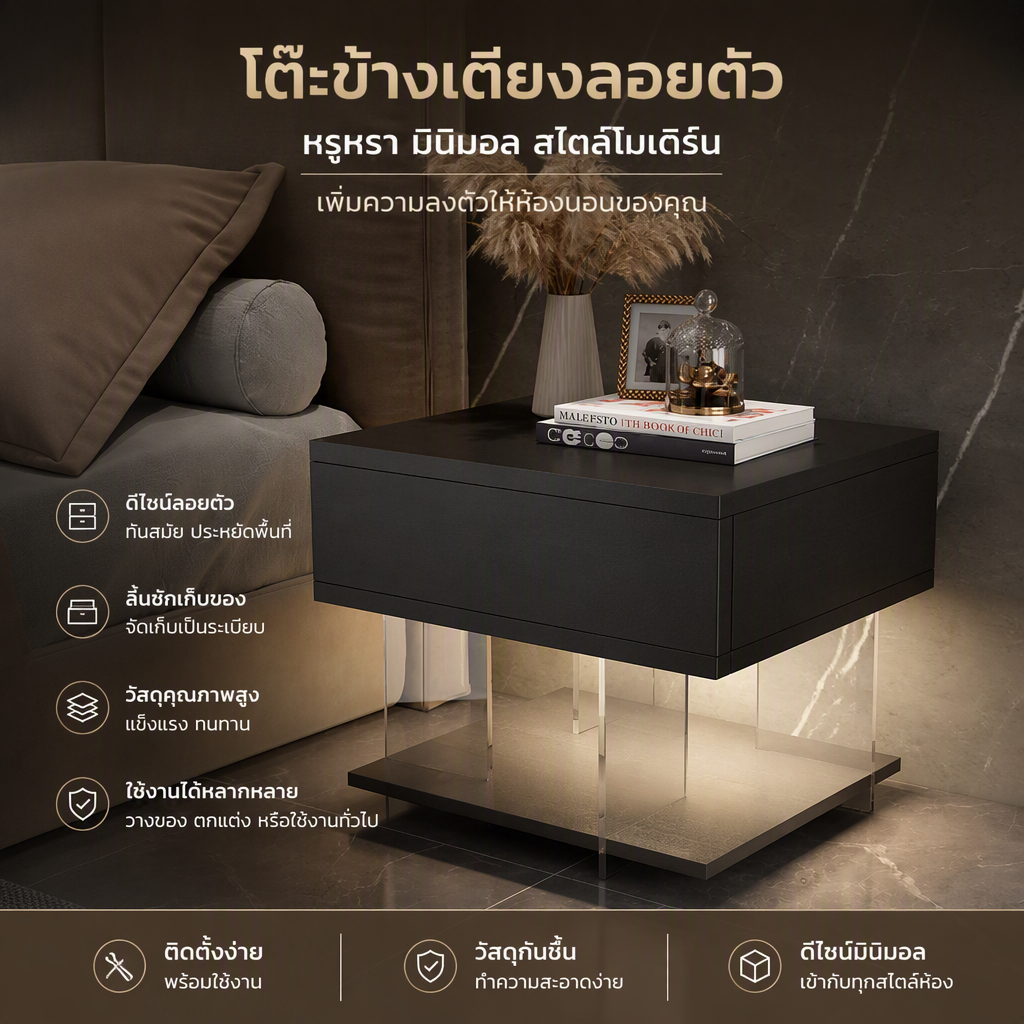 ตู้ข้างเตียงลอย มีไฟแสงสว่าง LED ขาโต๊ะอะคริลิคใส ดีไซน์โมเดิร์น ที่วางของข้างเตียง ตู้เก็บของห้องนอน