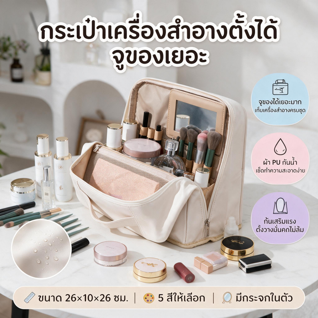 กระเป๋าเครื่องสำอาง PU ใบใหญ่ ตั้งได้ มีช่องกระจก ถอดได้ พับครึ่งหยิบง่าย กันน้ำ มีหูหิ้ว กระเป๋าเครื่องสำอางค์แบรนด์เนม