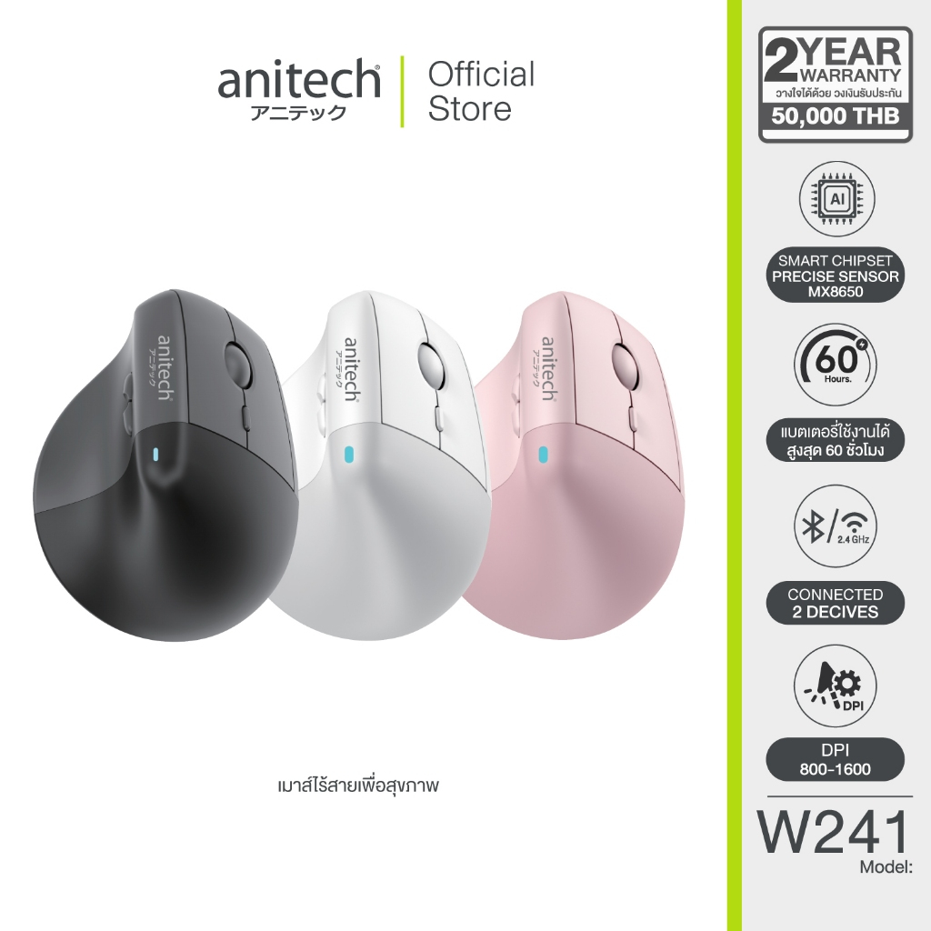 Anitech เมาส์เพื่อสุขภาพไร้สาย รุ่น W241 เชื่อมต่อด้วย USB-A, 2.4G และ บูลธูท