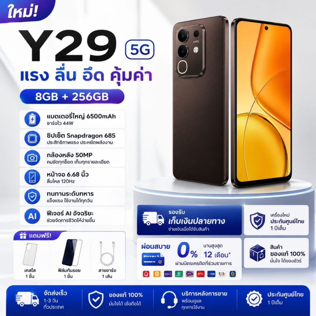 vivo Y29 4G (8+256GB) สมาร์ทโฟน หน้าจอ 120Hz แบตเตอรี่ 6500mAh ชาร์จไว 44W  จัดส่งฟรี