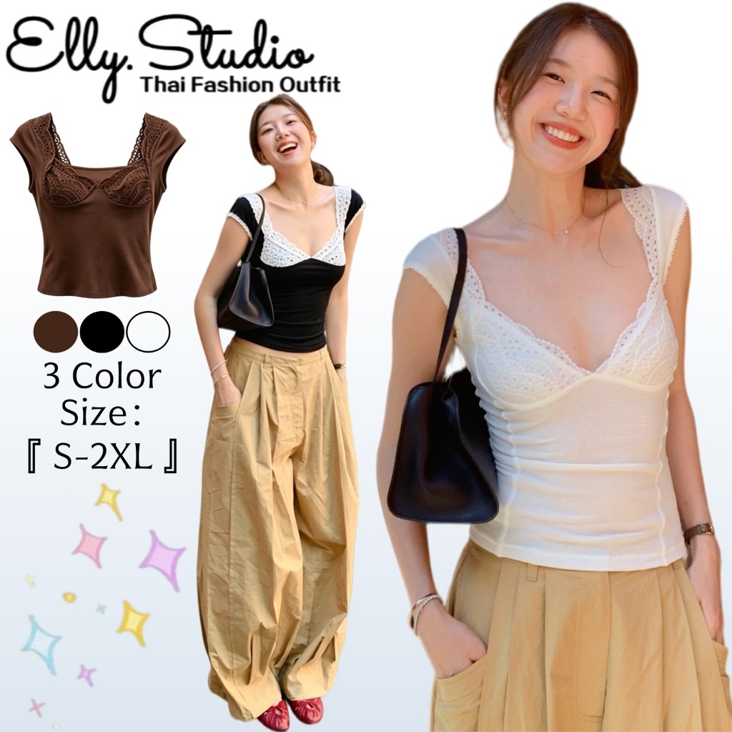 Elly พร้อมส่ง เสื้อแขนสั้นลูกไม้ปกคอวีผู้หญิง ทรงกระชับเอวตัดสั้น ดีเทลลูกไม้ขอบคอ สไตล์หวานเซ็กซี่ ใส่สบาย