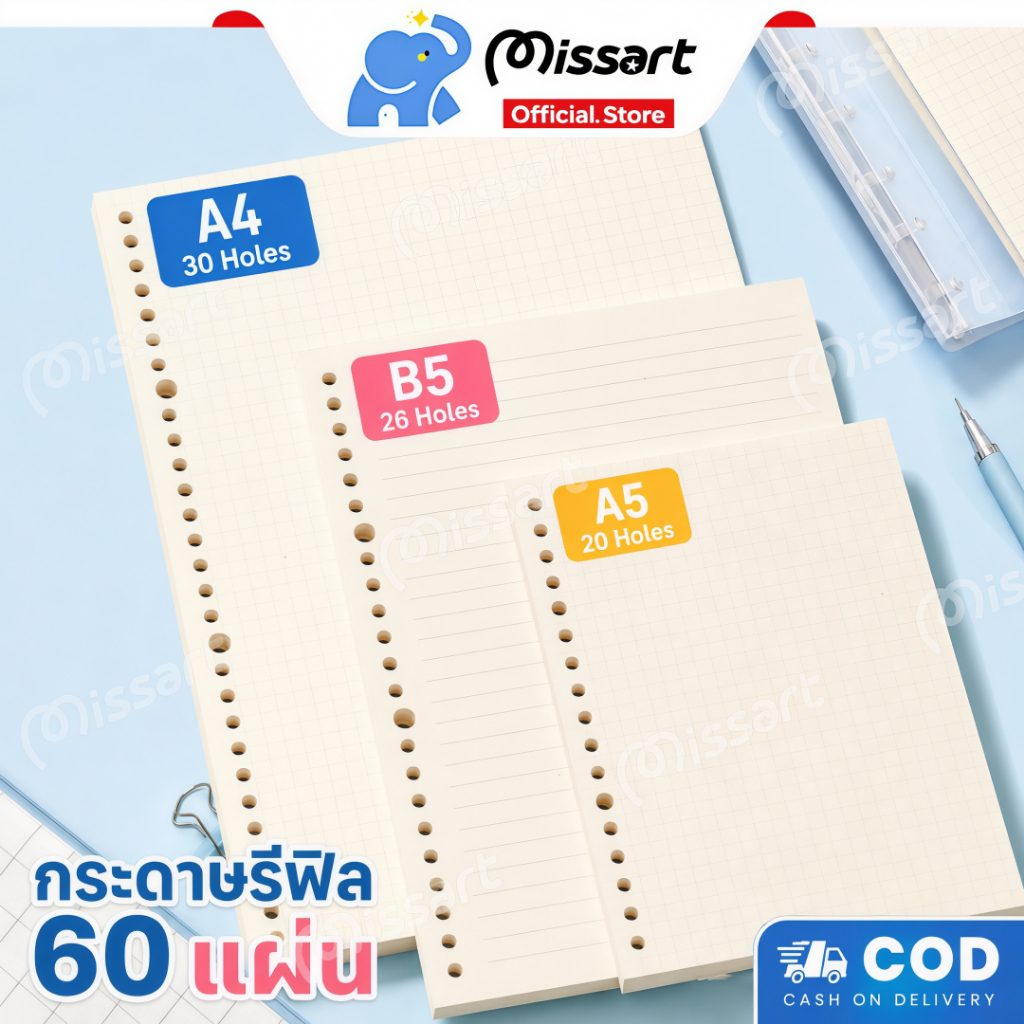 รีฟีลกระดาษโน้ต A4 A5 B5 แบบเจาะรูกลม | กระดาษเติมสมุดบันทึก | แบบเส้นบรรทัด / ตาราง / กระดาษเปล่า