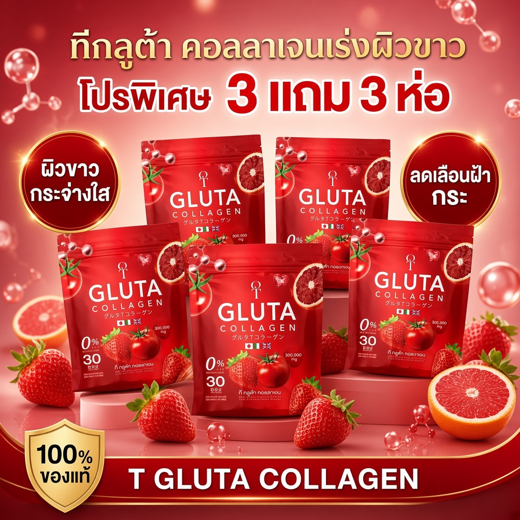 [3 แถม 3] T-Gluta Collagen 300,000 mg กลูต้า คอลลาเจน บูสต์ผิว X10