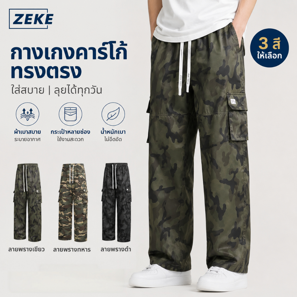 ZEKE B0052 กางเกงคาร์โก้ลายพรางสำหรับผู้ชาย lalaki กางเกงคาร์โก้ทำงานแบบแทคติคัลหกกระเป๋า กางเกงขายาวเรียบๆ