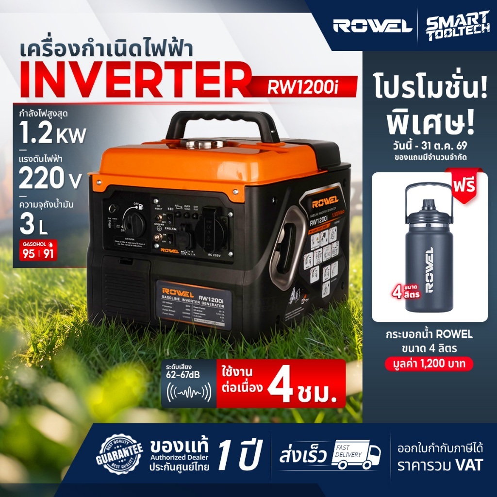 🔥รุ่นใหม่ พร้อมส่ง🔥 เครื่องปั่นไฟ เสียงเงียบ ROWEL RW1200i 1.2KW. INVERTER เครื่องกำเนิดไฟฟ้า