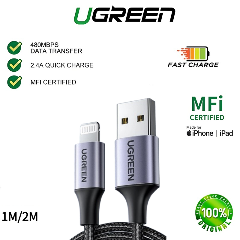 UGREEN สาย USB 2.4A USB A to L Cable สายชาร์จเร็วสําหรับ iPhone 8 X 7 6S Plus iPhone 14/14 Pro/Pro M