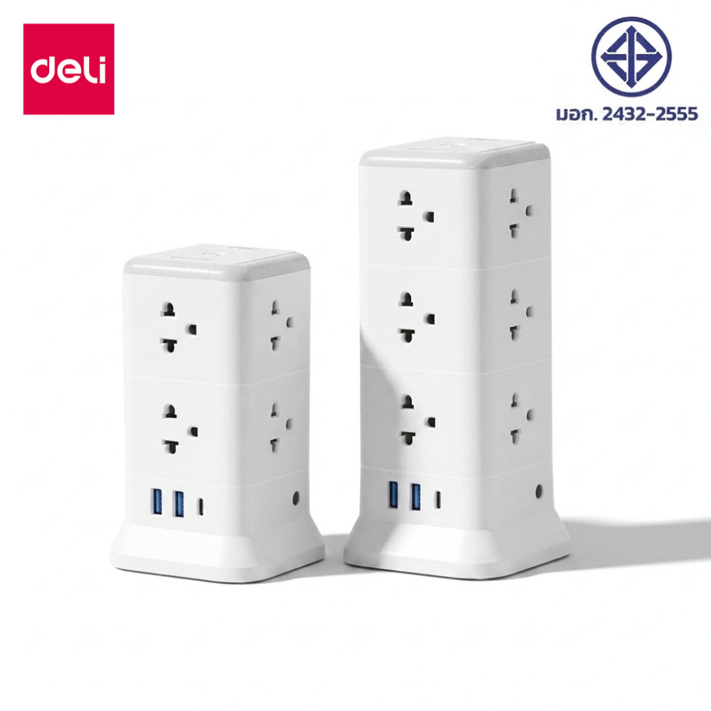Deli ปลั๊กไฟตั้งโต๊ะ ปลั๊กไฟคอนโด ใช้ได้ 4 ด้าน USB-A + Type-C มีไฟในตัว ตัดไฟอัตโนมัติ Tower Socket