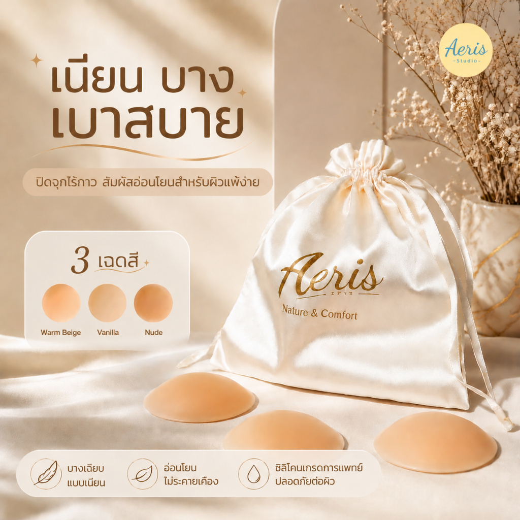 AERIS แปะจุกไร้กาว แผ่นปิดหัวนม กันน้ำ กันเหงื่อ ติดแน่น เนียนไร้ขอบ ซิลิโคนปิดจุกใช้ซ้ำได้