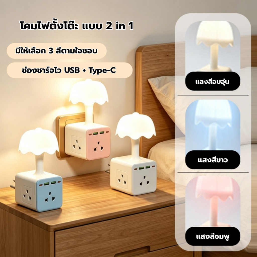 （ส่งฟรี🚚）โคมไฟตั้งโต๊ะรองรับชาร์จเร็ว มีปลั๊กในตัว ได้มาตรฐานTISเหมาะสำหรับห้องนอนหรือหอพักนักเรียน กำลังไฟสูงสุด 2300W