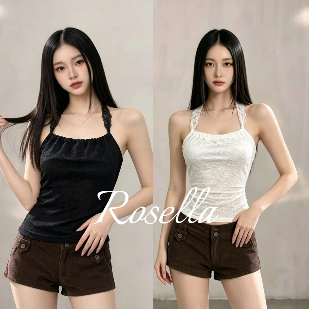 Rosella【สินค้าใหม่👗】เสื้อสายเดี่ยวผ้าลูกไม้บริสุทธิ์และเย้ายวน  เสื้อเกาะอกทรงเข้ารูป สวมใส่ได้หลากหลาย และเซ็กซี่