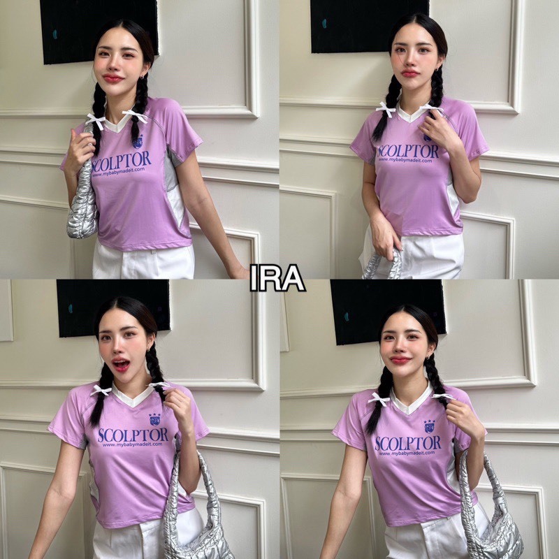 BY IRA ซื้อในไลฟ์สดลดเหลือ 100.- BY IRA พร้อมส่ง  Jersey Tee Pink เสื้อครอปท็อปลําลอง แขนสั้น พิมพ์ล