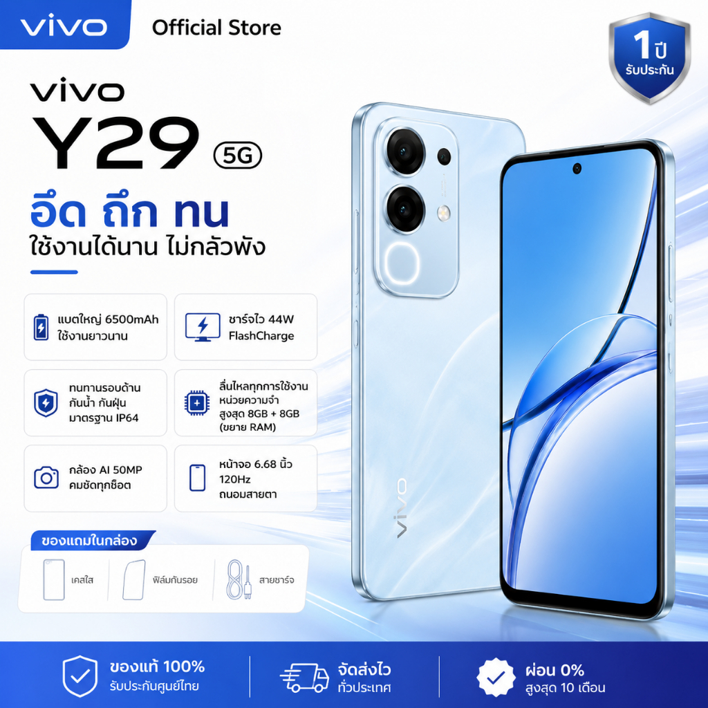 vivo Y29 4G (8+256GB) สมาร์ทโฟน หน้าจอ 120Hz แบตเตอรี่ 6500mAh ชาร์จไว 44W อุปกรณ์แท้