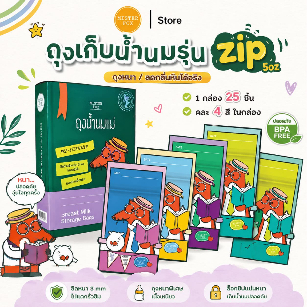 (ส่งด่วน/ส่งทันที🔥) Mister Fox​ ถุงเก็บน้ำนมแม่ รุ่น Zip​ ขนาด 5 ออนซ์​ มิสเตอร์​ฟอกซ์​