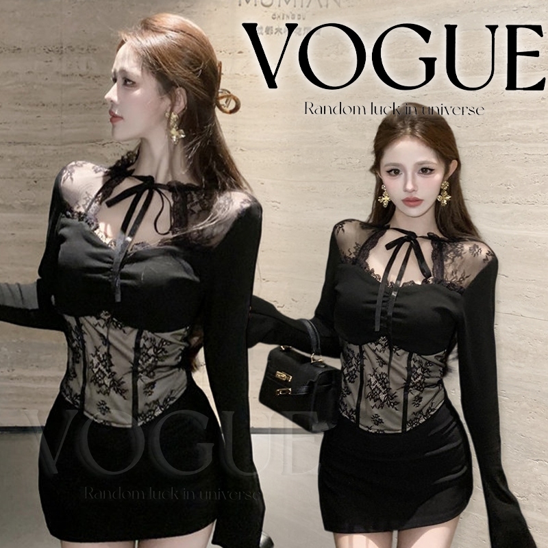 Vogue พร้อมส่ง เสื้อแขนยาวผ้าลูกไม้เข้ารูป ดีไซน์เซ็กซี่ เหมาะใส่เที่ยวปาร์ตี้ (FY950#1)