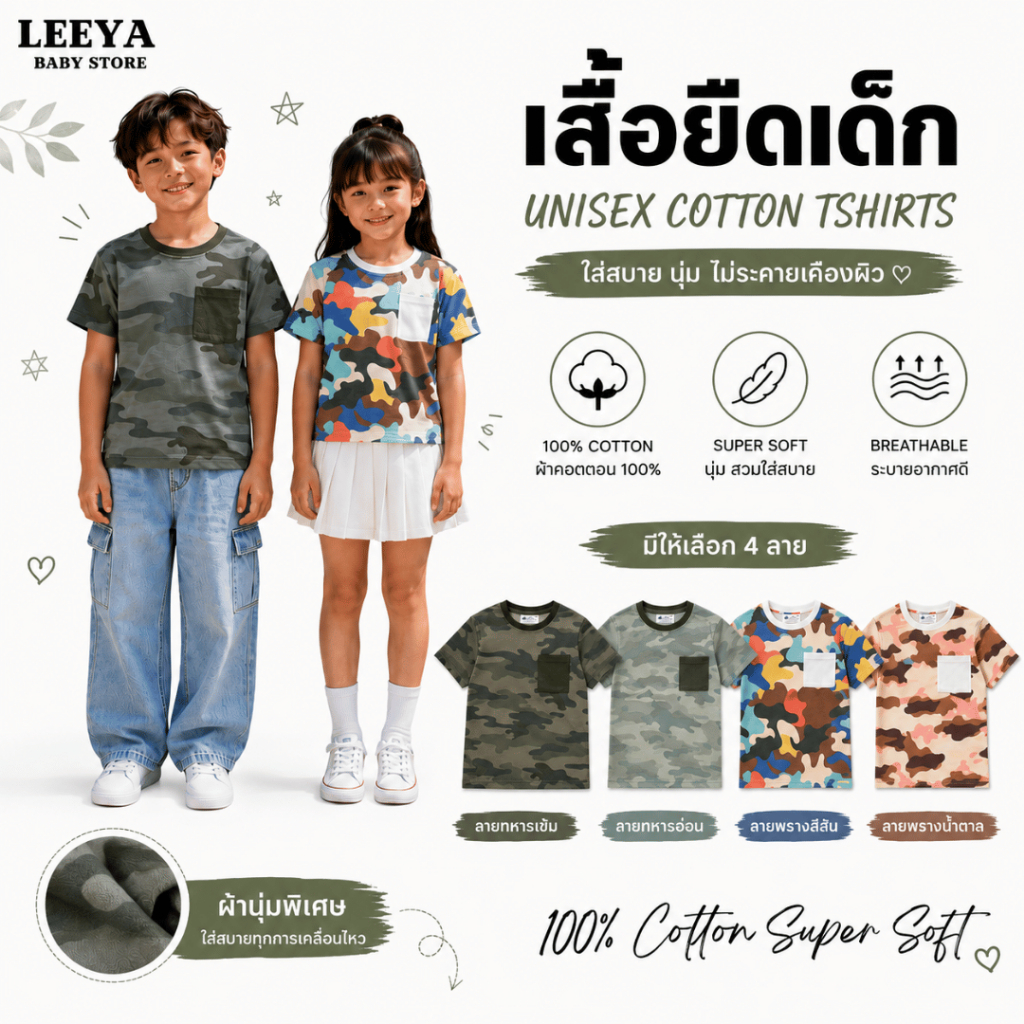 Leeya เสื้อยืดเด็ก (ลายทหาร) Army Print เสื้อผ้าเด็ก ชุดเด็ก 100% Cotton Baby & Kids T-shirt AF
