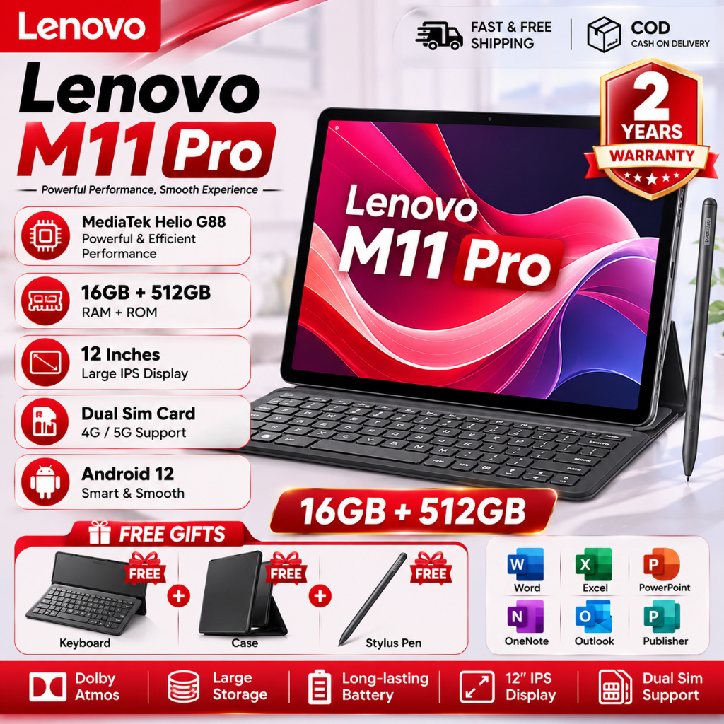 🔥 Lenovo Tab M11 2025 | RAM 16GB ROM 512GB | 4G/5G + WiFi | Android 12 | ฟรีคีย์บอร์ด+เคส+ปากกา | ส่