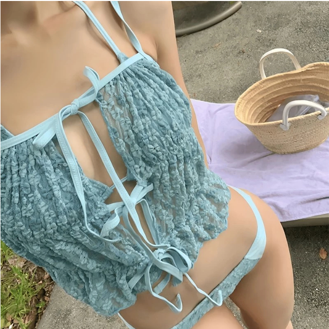 ชุดบิกินี่ลูกไม้ sexy bikini set 3 ชิ้น ชุดว่ายน้ำผู้หญิง 💙 ปรับเชือกได้ มือสองไซส์XL