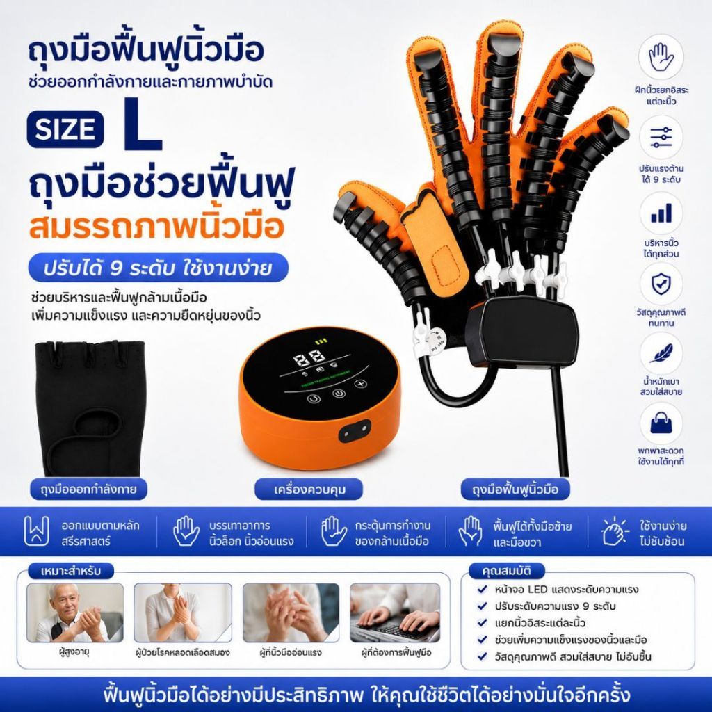 อุปกรณ์ฟื้นฟูสมรรถภาพมือ ถุงมือช่วยขยับนิ้ว สำหรับผู้ป่วย มืออ่อนแรง อุปกรณ์ครบชุดพร้อมใช้งาน