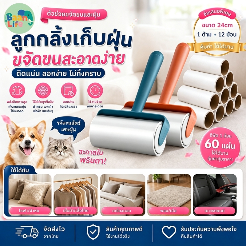 ลูกกลิ้งเก็บฝุ่น ลูกกลิ้งเก็บขน ลูกกลิ้งทำความสะอาด กาวเหนียวเก็บฝุ่นดี ม้วนกาวรีฟิล กำจัดขนสุนัขขนแมวออกจากเสื้อผ้
