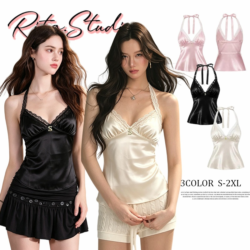 Rita พร้อมส่ง🍒เสื้อกล้ามสายเดี่ยวซาตินลูกไม้เกาหลี น่ารักหวาน ใส่ไปเดทคาเฟ่ เที่ยวทะเล เข้ากับกระโปรง ไซส์ S-2XL