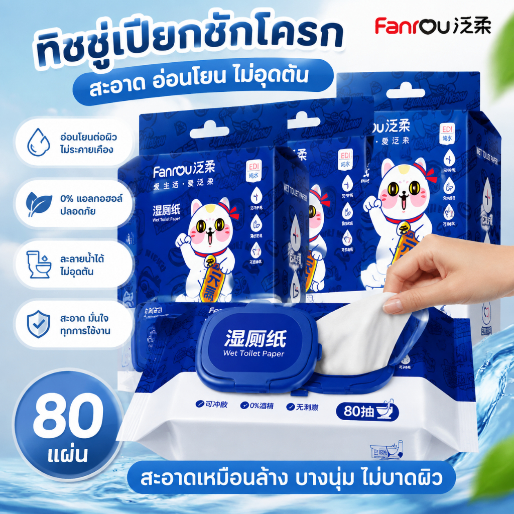 ทิชชู่เปียกชำระ ทิ้งชักโครกได้ ไม่อุดตัน 80แผ่น แขวนผนังได้ แถมฟรีตะขอแขวน ไม่ผสมแอลกอฮอล์ น้ำหอม อ่อนโยนต่อผิว แผ่นหนา