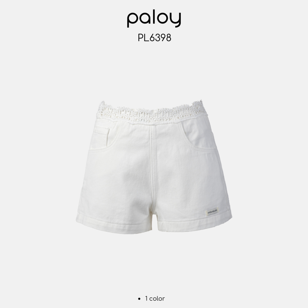 Paloy - PL6398 กางเกงยีนส์ขาสั้น ขอบเอวแต่งลูกไม้