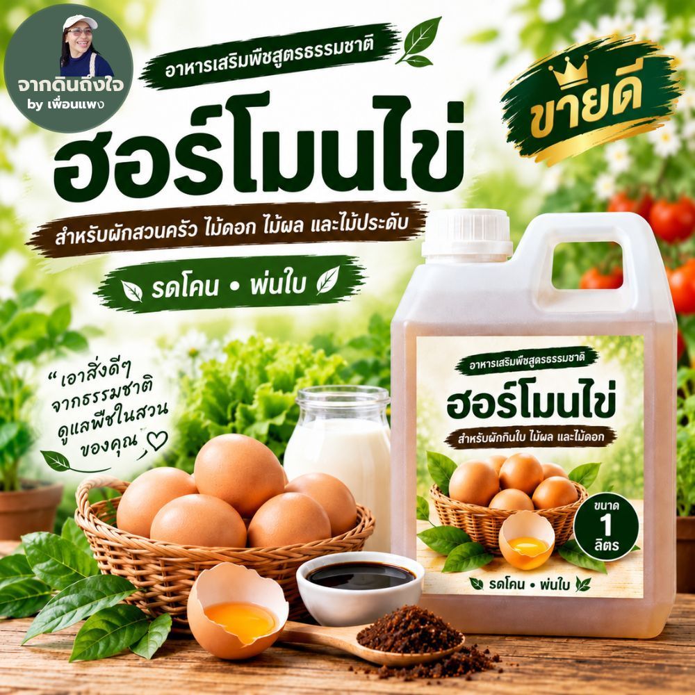 ฮอร์โมนไข่ อาหารเสริมพืชสูตรธรรมชาติ  สำหรับผักสวนครัว ไม้ดอก ไม้ผล ไม้ประดับ  รดโคน–ฉีดพ่นทางใบ  1 ลิตร