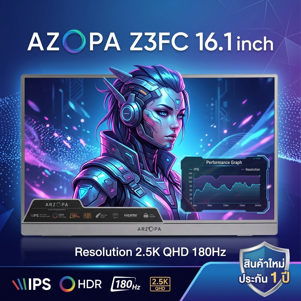 จอพกพา ARZOPA Z3FC 16.1" 2.5K QHD 180Hz สี Space Gray 107% sRGB สินค้าใหม่ประกัน 1 ปี