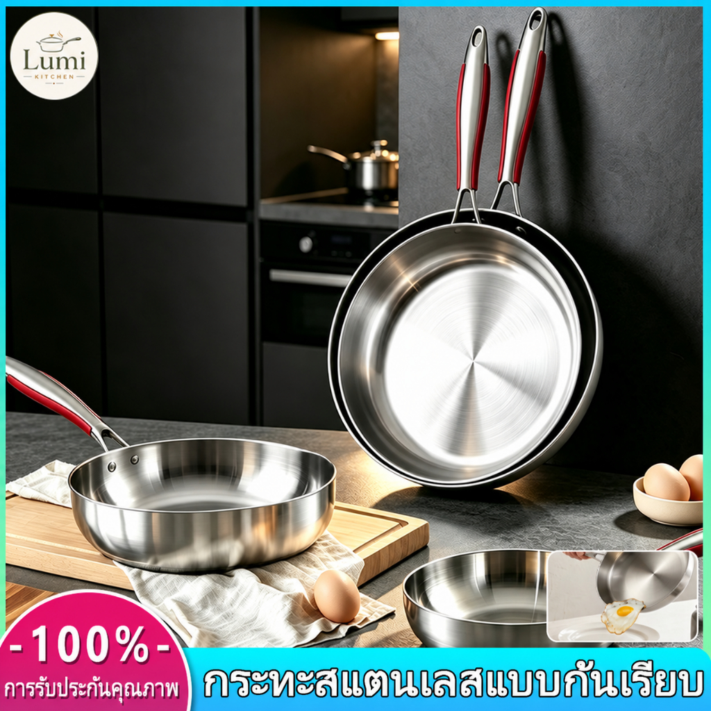 กระทะสแตนเลส 304 ด้ามแดง ก้นแบน กระทะทอด กระทะผัด ไม่เคลือบผิว ใช้ได้ทุกเตา อเนกประสงค์