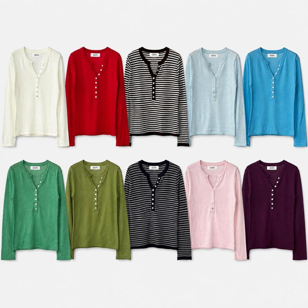 Atipashop - Paris Striped Knit เสื้อไหมพรมแขนยาว คอเฮนเลย์ผ่าหน้าติดกระดุม ผ้าบางนุ่มใส่สบาย