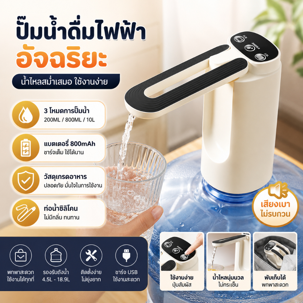 ปั๊มน้ำดื่มไฟฟ้า เครื่องกดน้ำอัตโนมัติ แบบชาร์จ USB Type-C ใช้งานง่าย 3 โหมด รองรับถังน้ำ 4.5-18.9 ลิตร พับเก็บได้ พกพาส