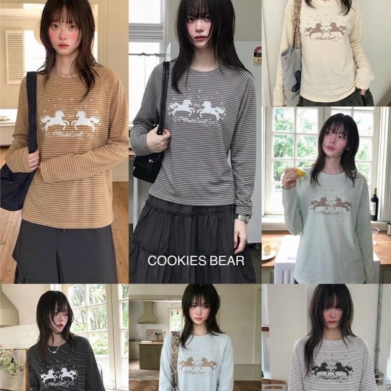 A04/2 - Cookies Bear เสื้อแขนยาว ผ้าคอตตอน ลายริ้วสกีนลาย