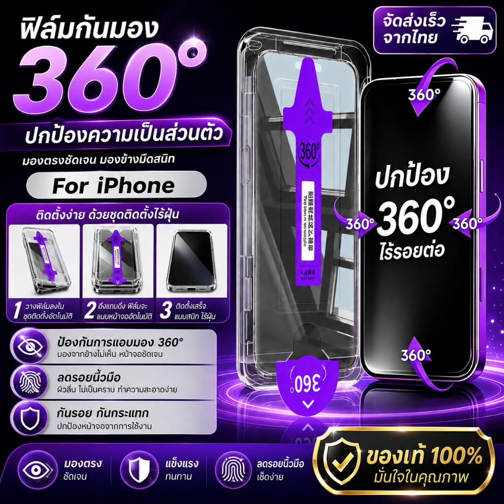 ฟิล์มกันมอง360° ทุกมุมมองปกป้องความเป็นส่วนตัว สำหรับ iPhone Series กระจกนิรภัยกันรอยขีดข่วน
