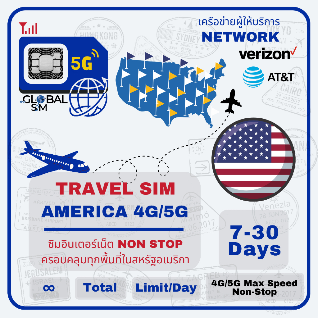 【The Global SIM】USA ซิมสหรัฐอเมริกา AT&T & Verizon  5-30Days 4G/5G Max speed Limit/Day | Total
