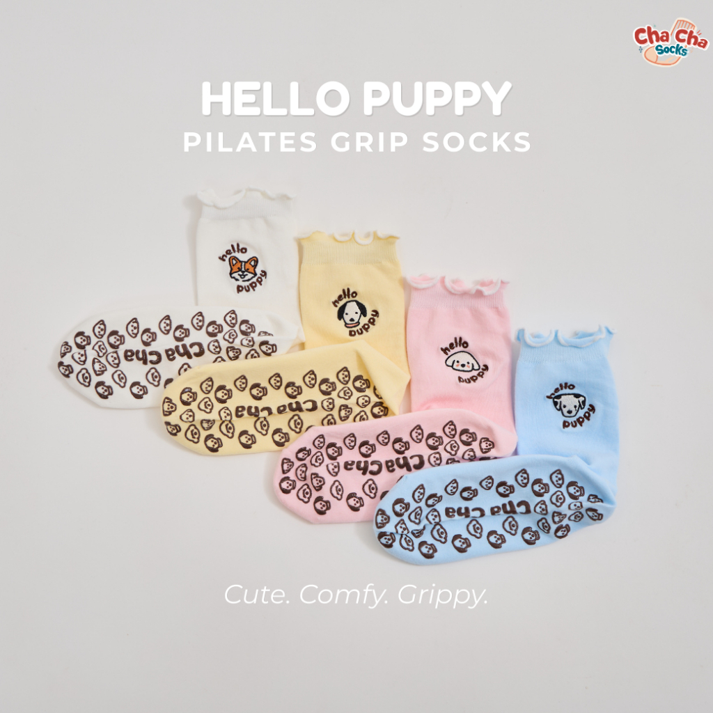 Chacha Socks - Hello Puppy Pilates Grip Socks ถุงเท้าพิลาทิสกันลื่น ปักลายน้องหมา