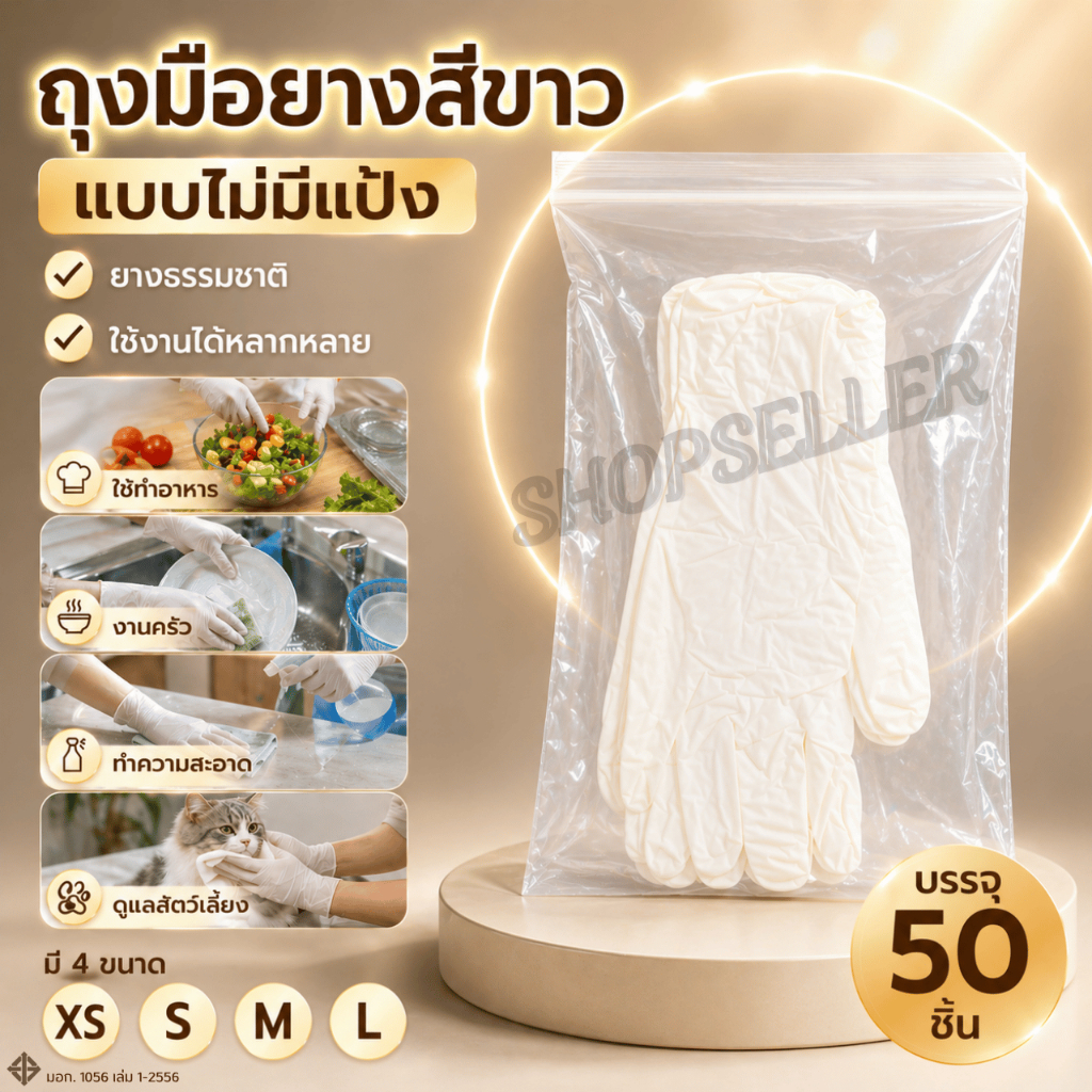 ถุงมือยางสีขาวของแท้ (เทียบเท่าถุงมือซาโตรี่) ไม่มีแป้ง ใส่ซองซิป 50 ชิ้น