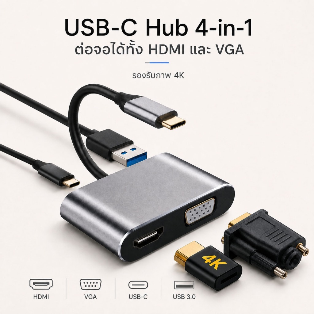 สายต่อมือถือเข้าทีวี สายต่อโทรศัพท์เข้าทีวี USB Type-c to HDMI / VGA / USB / USB C 4K HD สำหรับ Android Pad Air 4 5