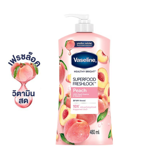 EXP14/12/26 Vaseline วาสลีน เฮลตี้ ไบรท์ ซูเปอร์ฟู้ด เฟรชล็อก โลชั่นบำรุงผิวกาย กลิ่นพีช 480 มล.