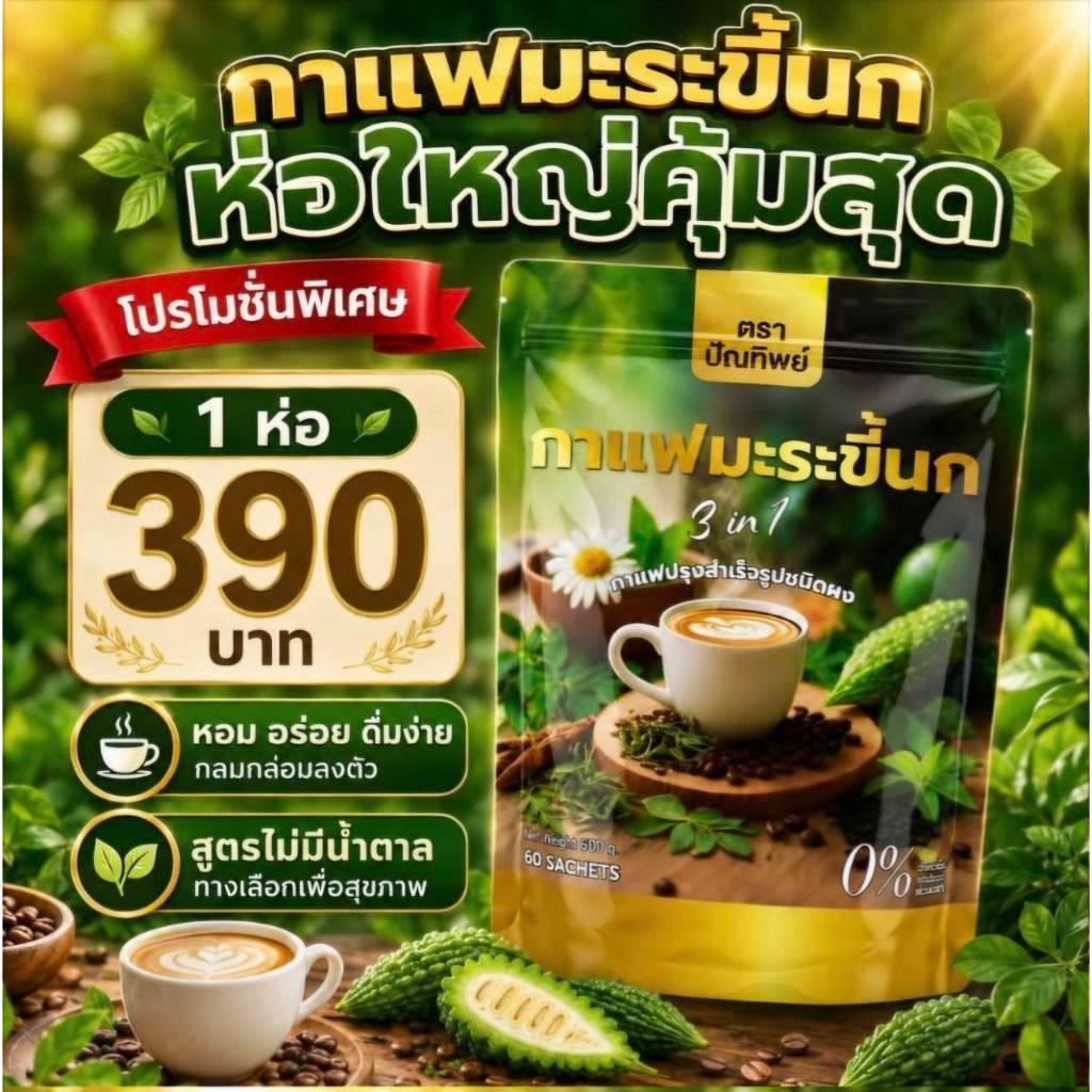 [สินค้าพร้อมส่ง] 1 ถุงบรรจุ 60 ซอง กาแฟมะระขี้นก กาแฟปัณทิพย์ กาแฟปรุงสำเร็จชนิดผง ไม่มีน้ำตาล
