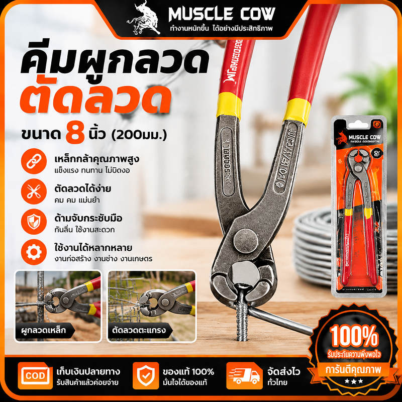 MUSCLE COW คีมผูกลวด ตัดลวด 8 นิ้ว (200MM) แข็งแรงทนทาน ใช้ดึงและตัดลวดได้แน่น เหมาะงานช่างทุกประเภท