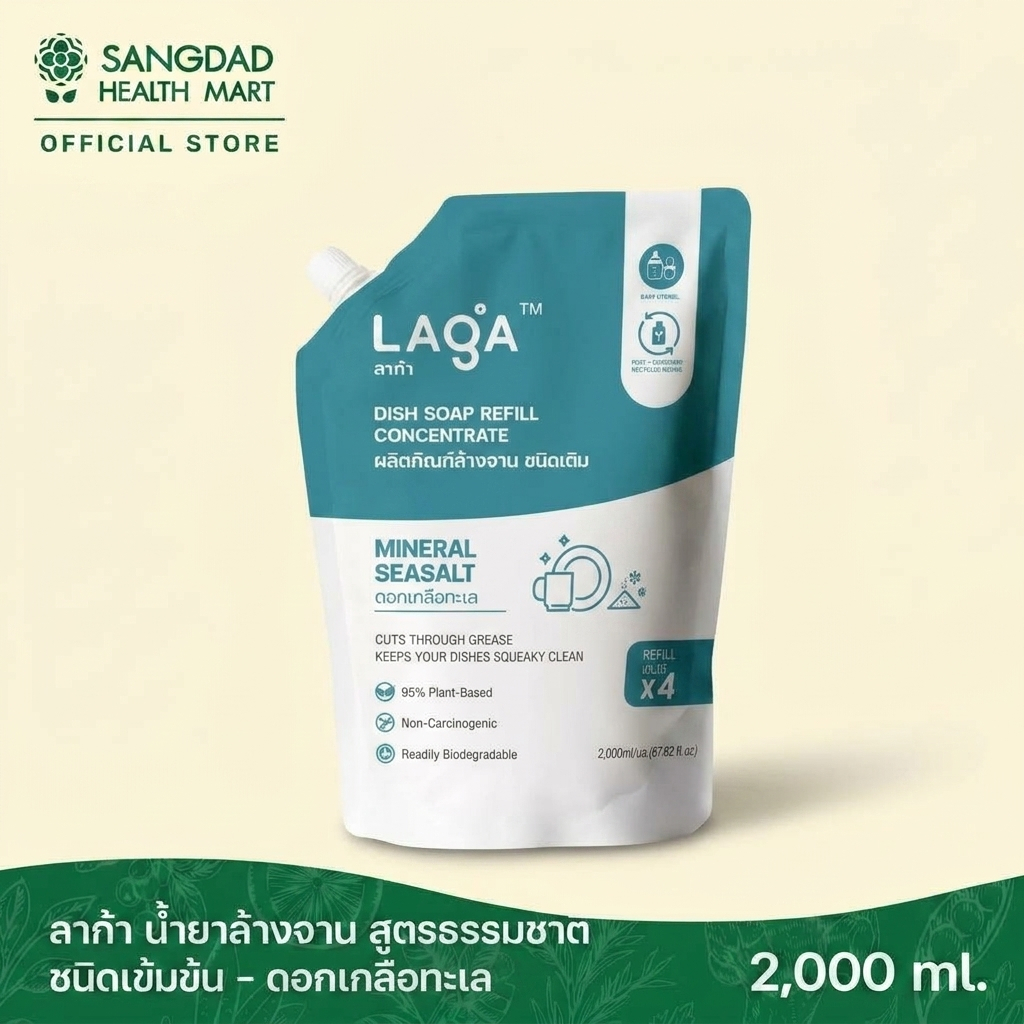 ลาก้า น้ำยาล้างจาน สูตรธรรมชาติ ชนิดเข้มข้น – ดอกเกลือทะเล ถุงเติม 2000 มล