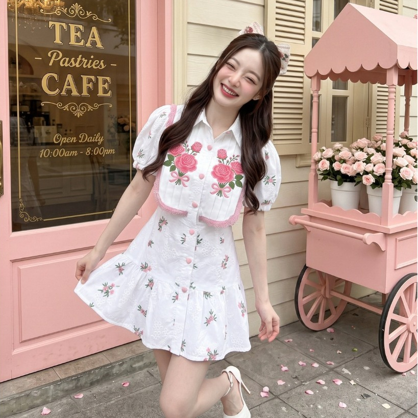 (มีถึง3XL) Maria Diamond สีขาว Smell of Rose Dress เดรสสั้นกระดุมหน้าผ้าคอตตอนปักหลาย อกปักกุหลาบ มีซับใน