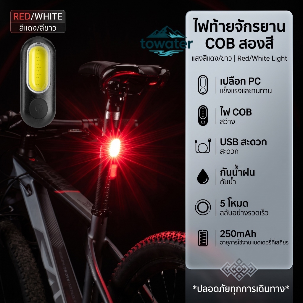 【ส่งถึงไทย】COD ไฟท้ายจักรยานชาร์จ USB Bicycle Rear Light 250 mAh ไฟชาร์จ USB เตือนกันน้ำ
