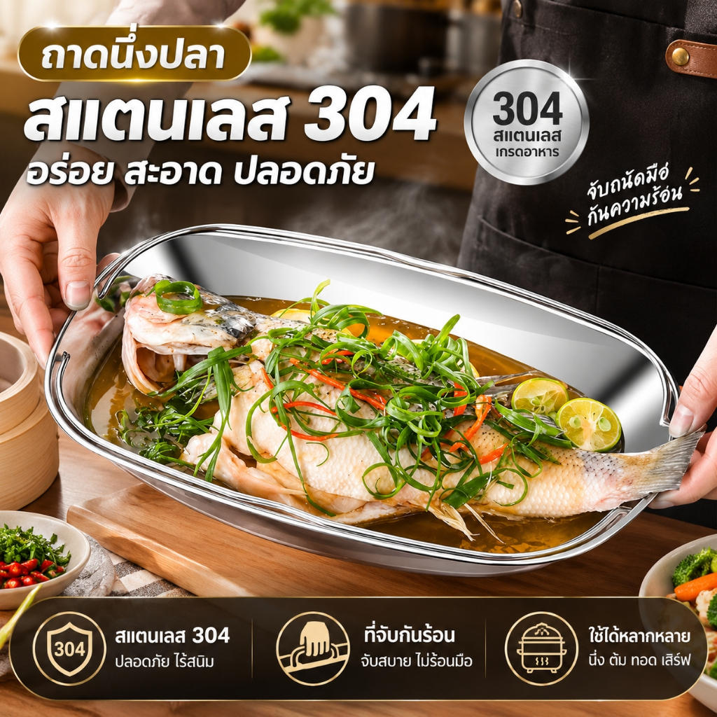 ถาดนึ่งปลา สแตนเลส 304 พร้อมหูจับกันร้อน จานนึ่งปลาขนาดใหญ่ ลึกพิเศษ แข็งแรง ไม่เป็นสนิม ใช้งานอเนกประสงค์