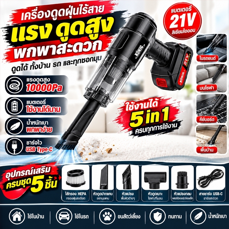 เครื่องดูดฝุ่นในรถ ไร้สาย 12000Pa ​car vacuum cleaner เครื่องดูดฝุ่นขนาดเล็ก ที่ดูดฝุ่นในรถยนต์ ภายในบ้าน เตียง