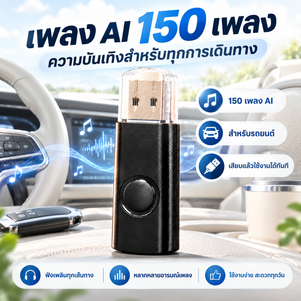 แฟลชไดรฟ์เพลง AI 150 เพลง สำหรับฟังเพลงในรถยนต์และเครื่องเสียง เสียบใช้งานได้ทันที สะดวกต่อการพกพา