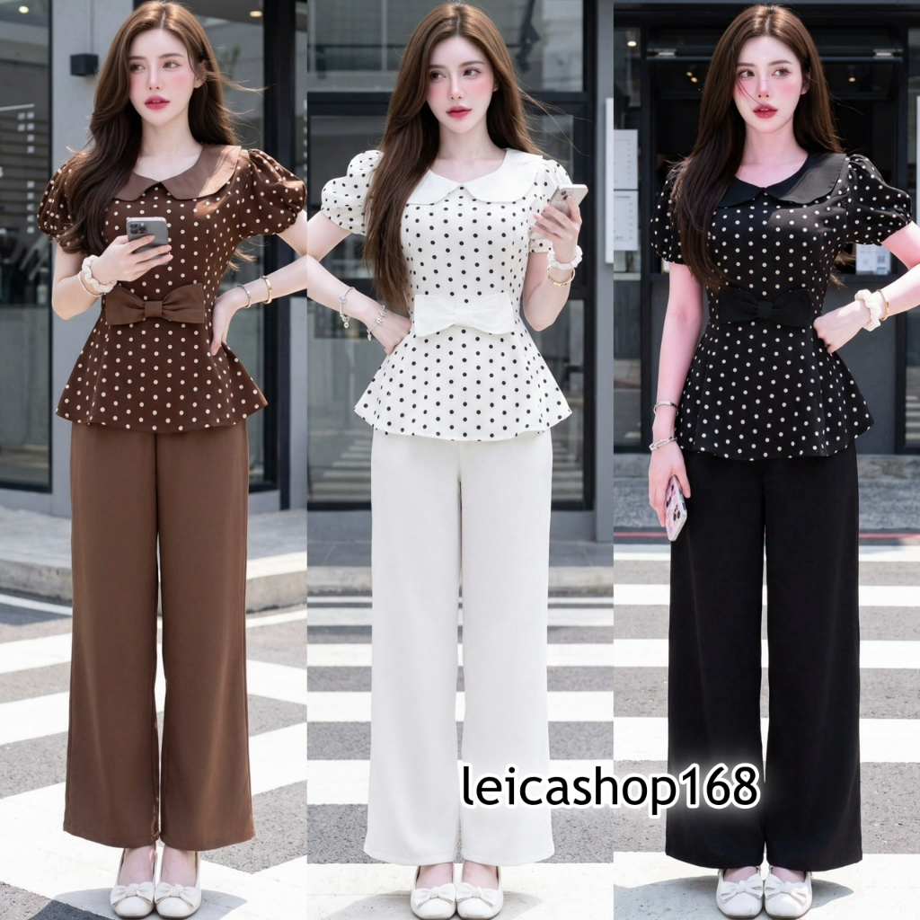 สินค้าพร้อมส่ง ชุดเซตยาวเสื้อผ้าไหมอิตาลี  แขนตุ๊กตา แต่งโบว์เอว สายผูกเอวเข้ารูป+กางเกงผ้าครัชเอวเรียบสม็อคหลัง A8687
