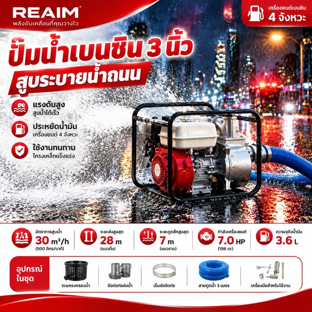 REAIM เครื่องสูบน้ำ 3นิ้ว 8.5แรงม้า ปั๊มน้ําหอยโข่ง 4 จังหวะ รับมือฝนตกหนัก สูบน้ำท่วมออกไว