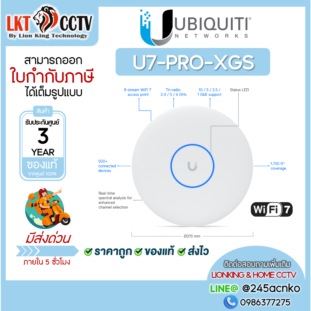 UBiQUiTi ยูบิคิวตี้ อุปกรณ์กระจายสัญญาณไร้สาย UniFi Access Point Flagship รุ่น U7 Pro XGS (U7-PRO-XG